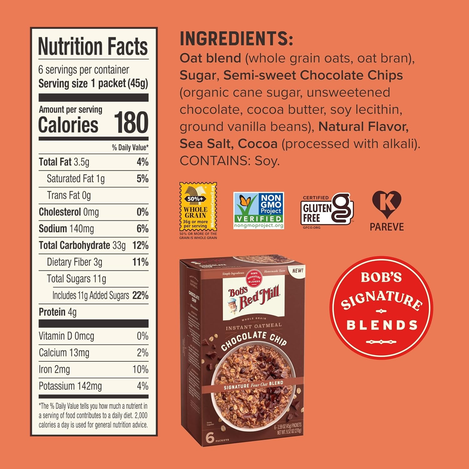 image:imageBobs Red Mill Apple Cinnamon Instant Oatmeal Packets 6 packetsChocolate Chip