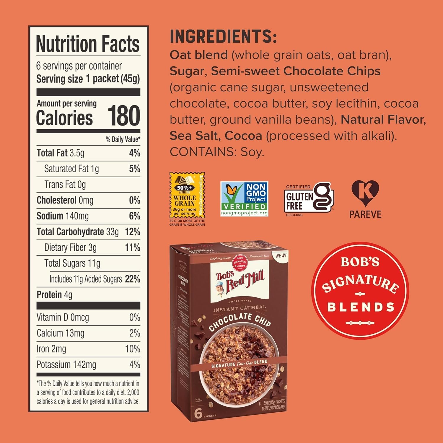 image:imageBobs Red Mill Apple Cinnamon Instant Oatmeal Packets 6 packetsChocolate Chip