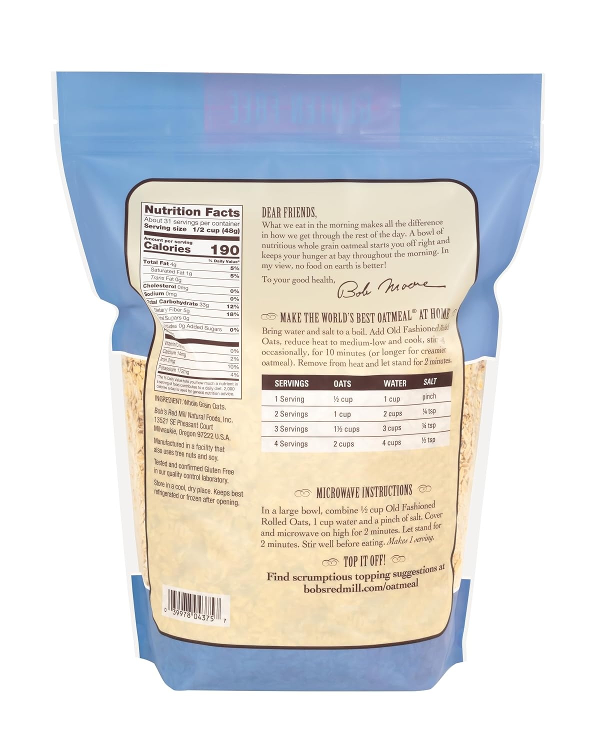 image:imageBobs Red Mill Gluten Free Old Fashioned Rolled Oats 52oz Pack of 4 Gluten Free Non GMO Whole Grain Vegan KosherGF Old Fashioned